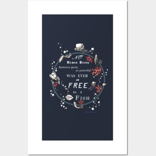 Inspirational quote from a Victorian philosopher on freedom and fish. Blue, grey and white design. Posters and Art